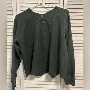 Large Cropped Cozy Long-Sleeve Henley T-Shirt - Hunter Green